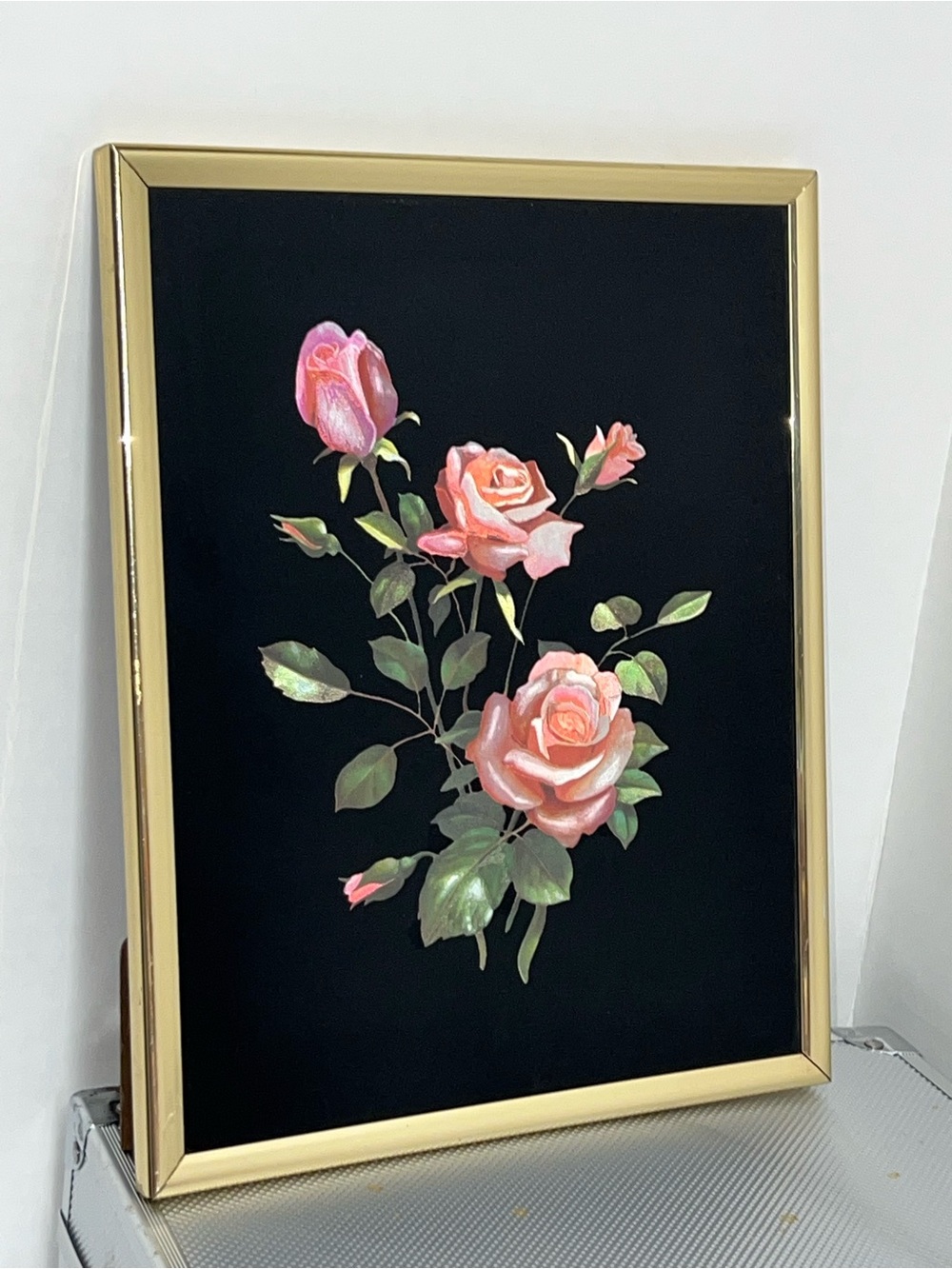 Vtg Gold Framed 8x10 Pink Roses Foil Art Numbered Kafka USA